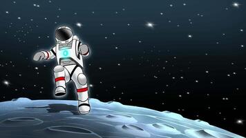 Looping 2D Animation of Astronaut Jumping on the Moon with Starry Sky, Meteor Streaks and Empty Space Background for Text or Design Elements Perfect for Scientific, Space, and Futuristic Themes video