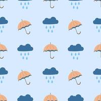 Seamless pattern with umbrellas and clouds on a blue background vector
