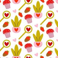Colorful pattern featuring plants, strawberries, and cupcakes on a bright background vector
