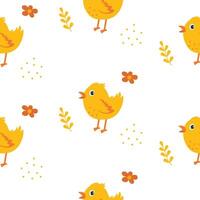 Colorful illustrations of cheerful yellow chicks and flowers create a playful pattern design vector