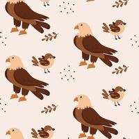 Colorful birds and leaves pattern featuring eagles and sparrows on a light background vector