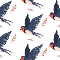 Colorful birds flying among floral elements in a playful design on a white background vector