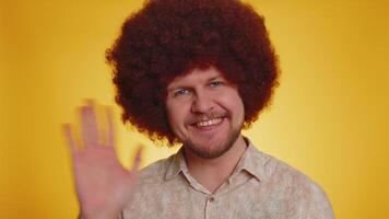Man showing inviting gesture with hands, ask to join, beckoning to coming, gesturing hello goodbye video