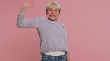Woman showing inviting gesture with hands, ask to join, beckoning to coming, gesturing hello goodbye video