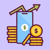 clipart illustration of a smart phone icon with a stack of money and a trading chart vector