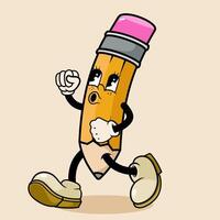 Mascot Groovy trendy retro trippy psychedelic pencil walking on the place character cartoon for element design vector