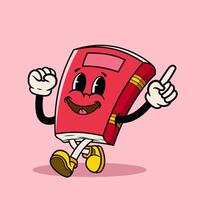 Cartoon Happy Red Book Mascot character walking number one pose in vintage retro style on background vector