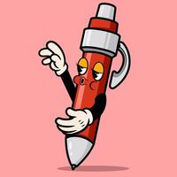 Mascot Groovy trendy retro trippy psychedelic confused red fountain pen character cartoon for element design vector