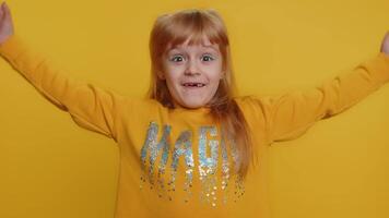 Excited amazed child girl kid looking shocked surprised wow showing hands brain head explosion video