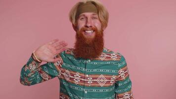 Man showing inviting gesture with hands, ask to join, beckoning to coming, gesturing hello goodbye video