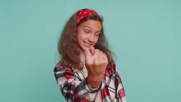 Greedy avaricious teenager child girl kid showing fig negative gesture, refusal angry rapacious sign video