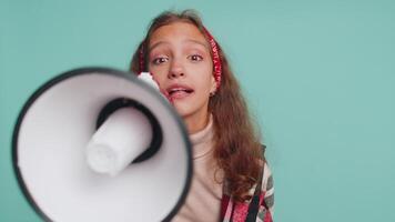 Child scream shout in megaphone loudspeaker announces discounts sale, announcing advertisement video