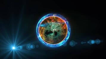Abstraction of cosmic energy. Blue planet-like sphere exudes energy and light, creating a unique atmosphere of space. video