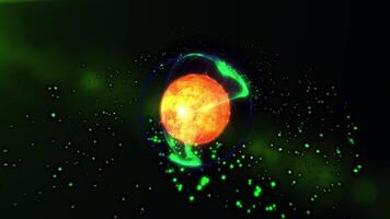 Abstraction of cosmic energy. A fiery sphere filled with mobile magma surrounded by a green aura radiates light, creating a unique atmosphere of space. video