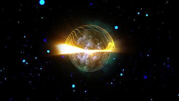 Abstraction of cosmic energy. Planet-like sphere, surrounded by abstract golden aura, exudes energy and light, creating a unique atmosphere of space. video