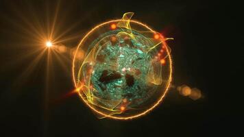 Abstraction of cosmic energy. The sphere, permeated with threads of energy, emits light, creating a unique atmosphere of space. video