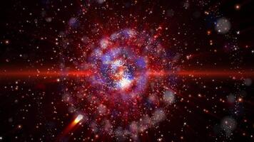 A delightful cosmic spectacle. A bright spiral galaxy, consisting of thousands of luminous particles, smoothly changes perspective, creating an effect of scale and grandeur of what is happening. video