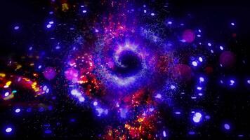 A unique spectacle. A bright purple, violet spiral galaxy consisting of thousands of luminous particles smoothly changes perspective, emitting spectacular waves into space. video