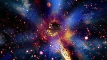 A unique spectacle. A bright purple, violet spiral galaxy consisting of thousands of luminous particles smoothly changes perspective, emitting spectacular waves into space. video