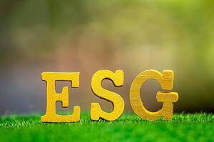 ESG concept of environmental, social, and governance. Sustainable corporation development. words ESG on a wood block on the environmental background.Idea for sustainable organizational photo