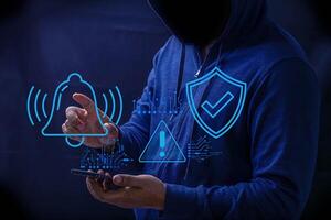 Hacker and Internet technology Crime with digital abstract hologram data background. photo