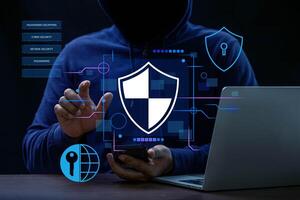Hacker and Internet technology Crime with digital abstract hologram data background. photo