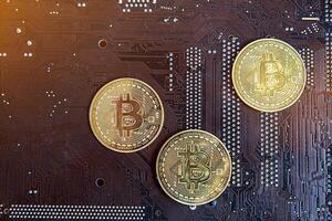 Gold souvenir coin Bitcoin on a computer circuit board background. photo