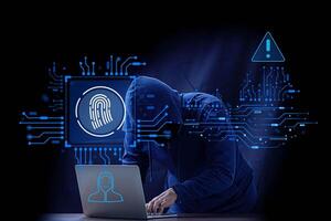 Hacker and Internet technology Crime with digital abstract hologram data background. photo