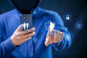 Hacker and Internet technology Crime with digital abstract hologram data background. photo