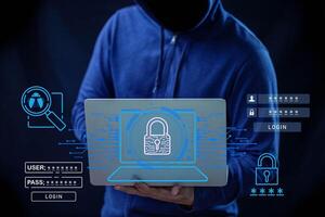 Hacker and Internet technology Crime with digital abstract hologram data background. photo