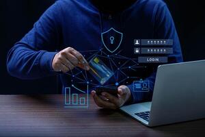 Hacker and Internet technology Crime with digital abstract hologram data background. photo