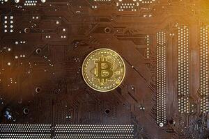 Gold souvenir coin Bitcoin on a computer circuit board background. photo