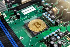 Gold souvenir coin Bitcoin on a computer circuit board background. photo