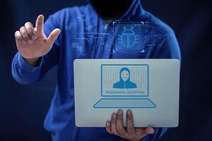 Hacker and Internet technology Crime with digital abstract hologram data background. photo