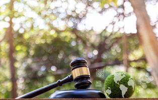 Green World and gavel with scales of justice on a green background. photo