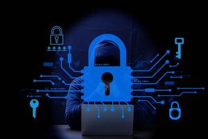 Hacker and Internet technology Crime with digital abstract hologram data background. photo