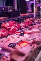 vertical portrait Assorted Cuts of Meat in a Butcher's Showcase photo