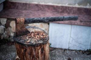 Old and Rusty Axe Embedded in Tree Trunk photo