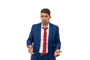 Perplexed Businessman with Upturned Palms and Confused Expression white background photo