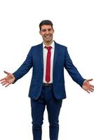 vertical Joyful Businessman with Open Arms, Delighted to Give a Friendly Hug white background photo