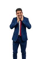 vertical Smiling Businessman Expressing Affection with Hands on Face white background photo