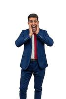 vertical Joyful and Surprised Businessman in Blue Suit and Tie white background photo