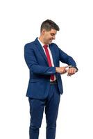 vertical Impatient Businessman Checking Watch white background photo
