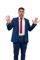 vertical Terrified Businessman with Rejection Gesture and Open Mouth white background photo