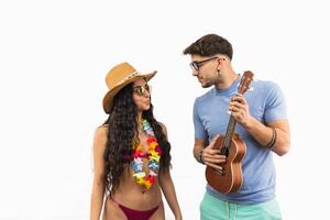 Summer Vibes Multicultural Couple Ready for Beach Fun on white background photo