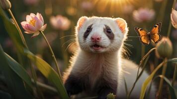 A playful ferret surrounded by flowers and a butterfly in a sunlit environment. photo