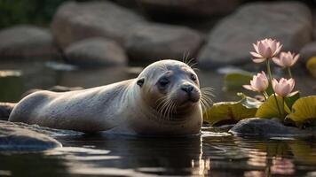 A serene seal resting in a tranquil pond surrounded by lotus flowers. photo