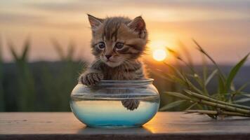 A playful kitten peeks out from a fishbowl against a sunset backdrop. photo