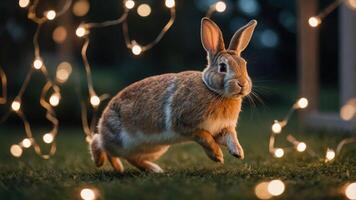 A rabbit leaps through a garden adorned with twinkling fairy lights at dusk. photo