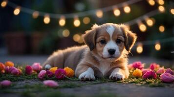 A cute puppy surrounded by colorful flowers and soft lights, creating a warm atmosphere. photo